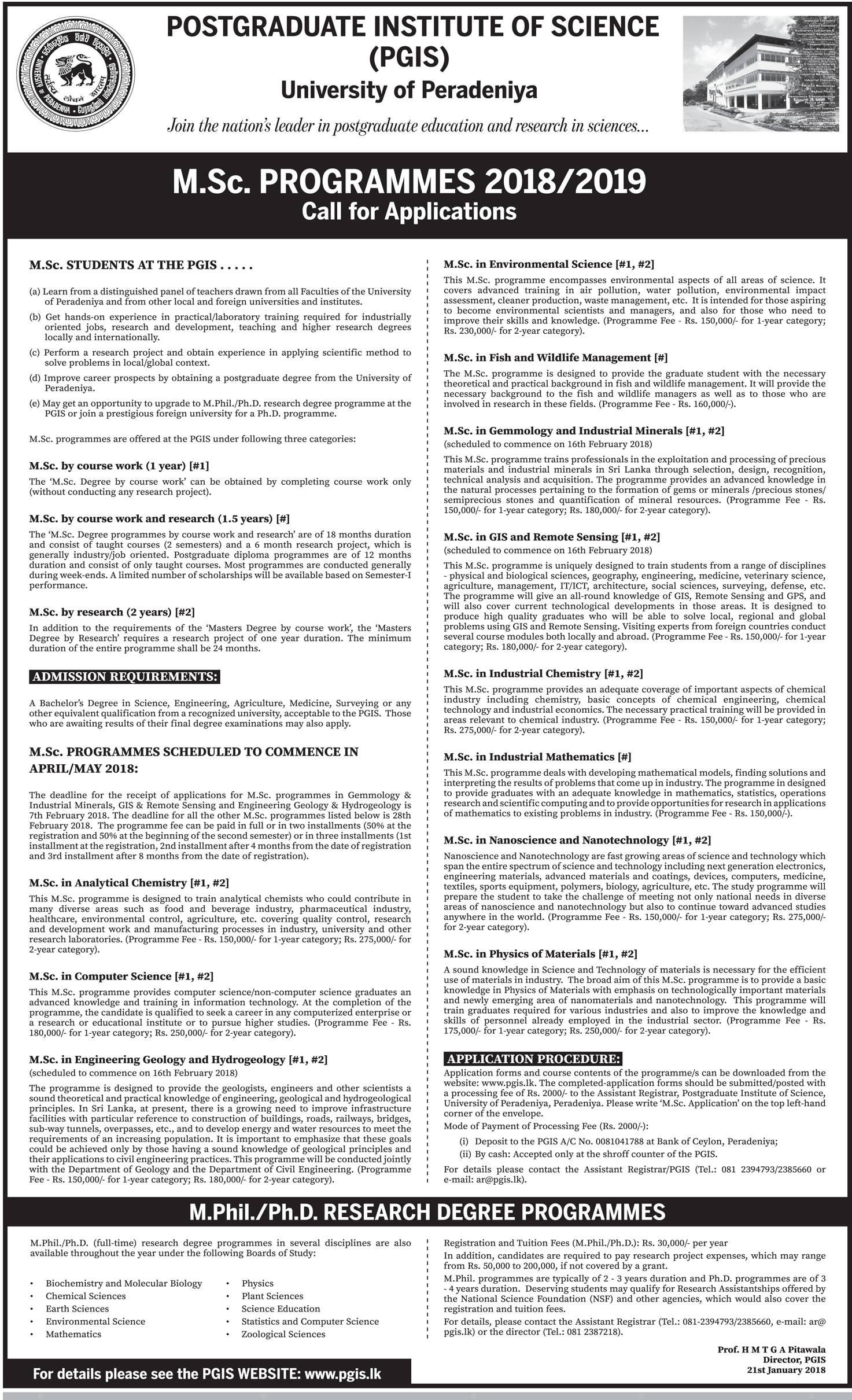 M.Sc. Programmess 2018 / 2019, M.Phil. / PH.D. Research Degree Programmes - Postgraduate Institute of Science - University of Peradeniya